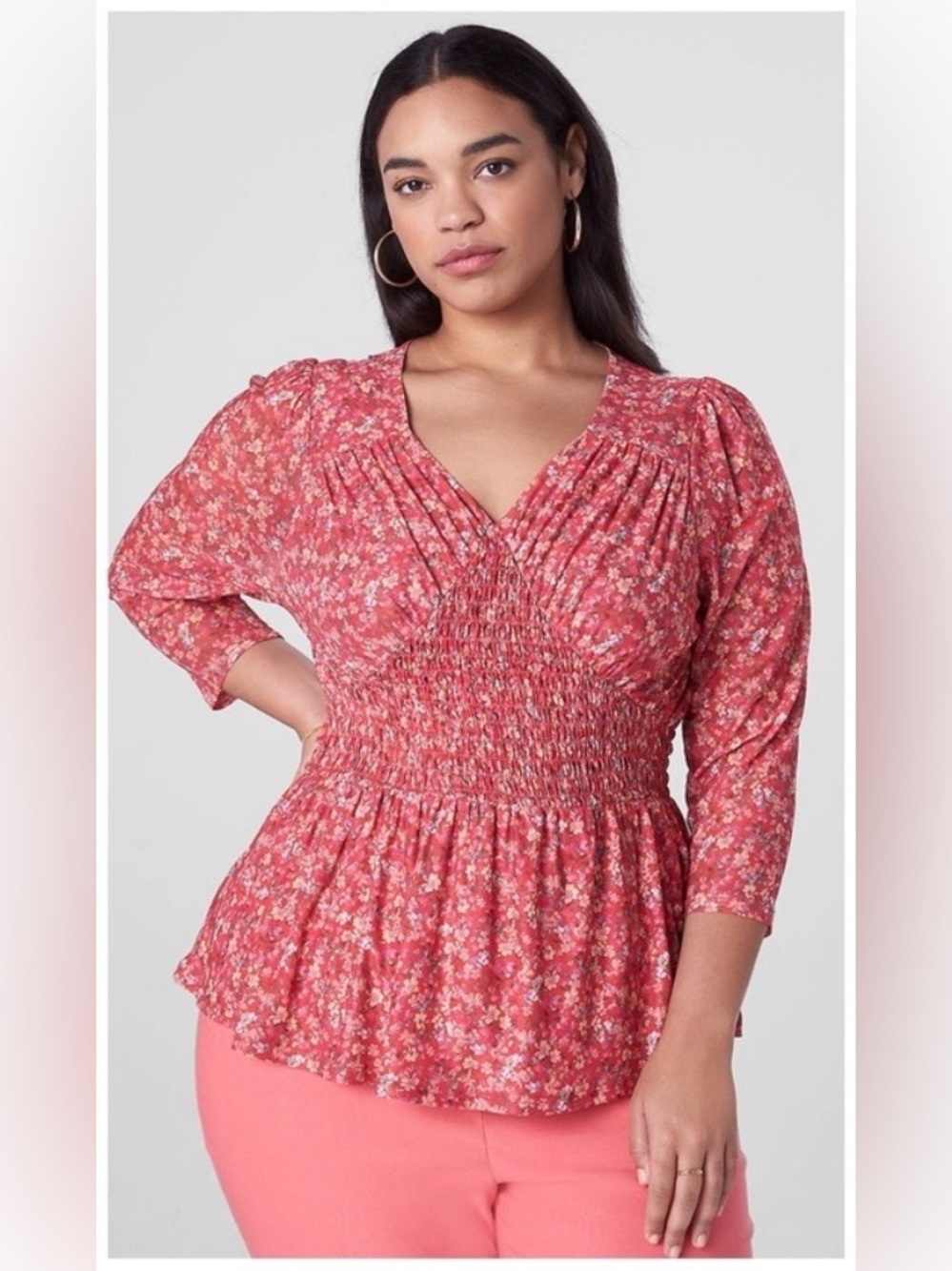 Lane Bryant Mesh Floral Smocked Waist Peplum Babydoll 3/4 Sleeve Top Size 18/20